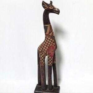 Handcrafted Giraffe Sculpture - Brown and Red Wooden Giraffe